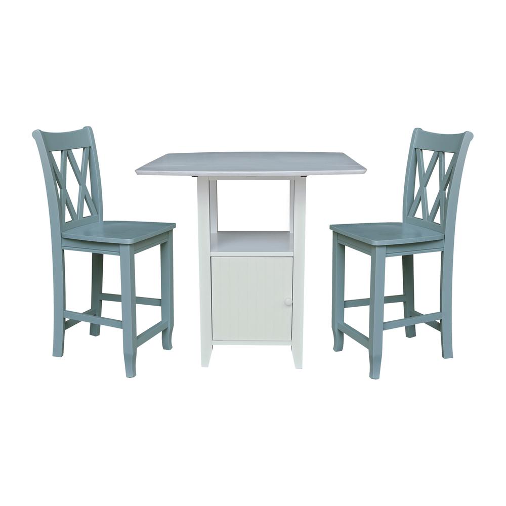 Dual Drop Leaf Bistro Table Counter Height With Storage, 2 Counter Height Stools. Picture 1