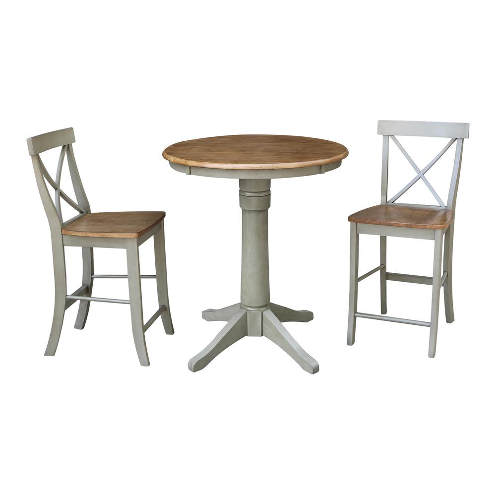 30" Round Pedestal Gathering Height Table With 2 X-Back Counter Height Stools. Picture 1