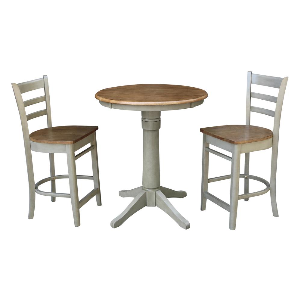 30" Round Pedestal Gathering Height Table With 2 Emily Counter Height Stools. Picture 1