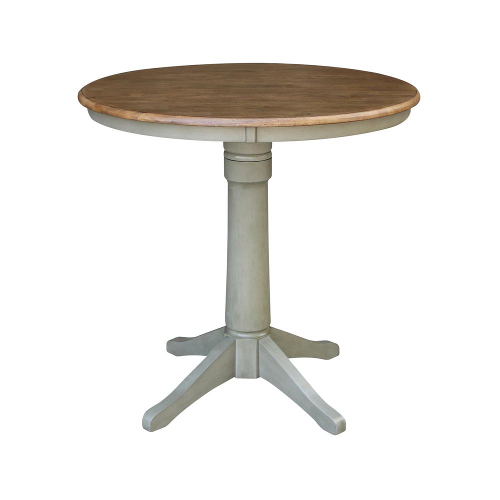36" Round Top Pedestal Table - Counter Height - Distressed Hickory/Stone Finish. Picture 1
