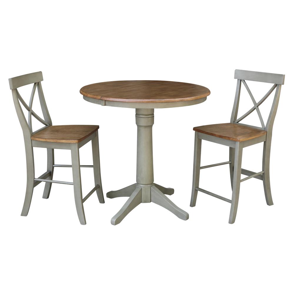 36" Round Extension Dining Table With 2 X-Back Counter Height Stools - Set. Picture 1