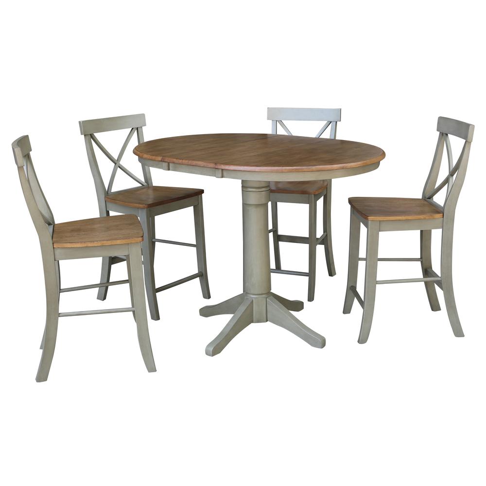 36" Round Extension Dining Table With 4 X-Back Counter Height Stools - Set. Picture 1