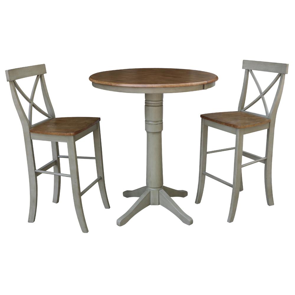 36" Round Extension Dining Table With 2 X-Back Bar Height Stools - Set. Picture 1