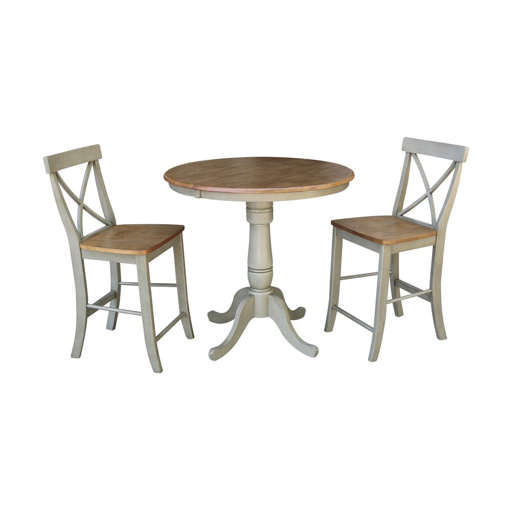 36" Round Extension Dining Table With 2 X-back Counter Height Stools - Set of 3 Pieces. Picture 1