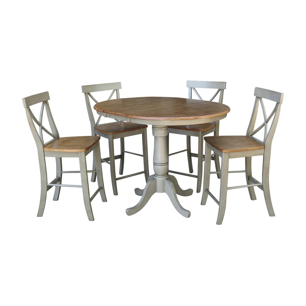 36" Round Extension Dining Table With 4 X-back Counter Height Stools - Set of 5 Pieces. Picture 1