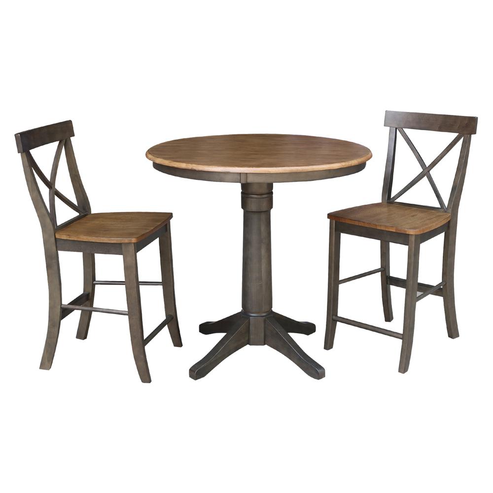 36" Round Pedestal Gathering Height Table With 2 X-Back Counter Height Stools. Picture 1