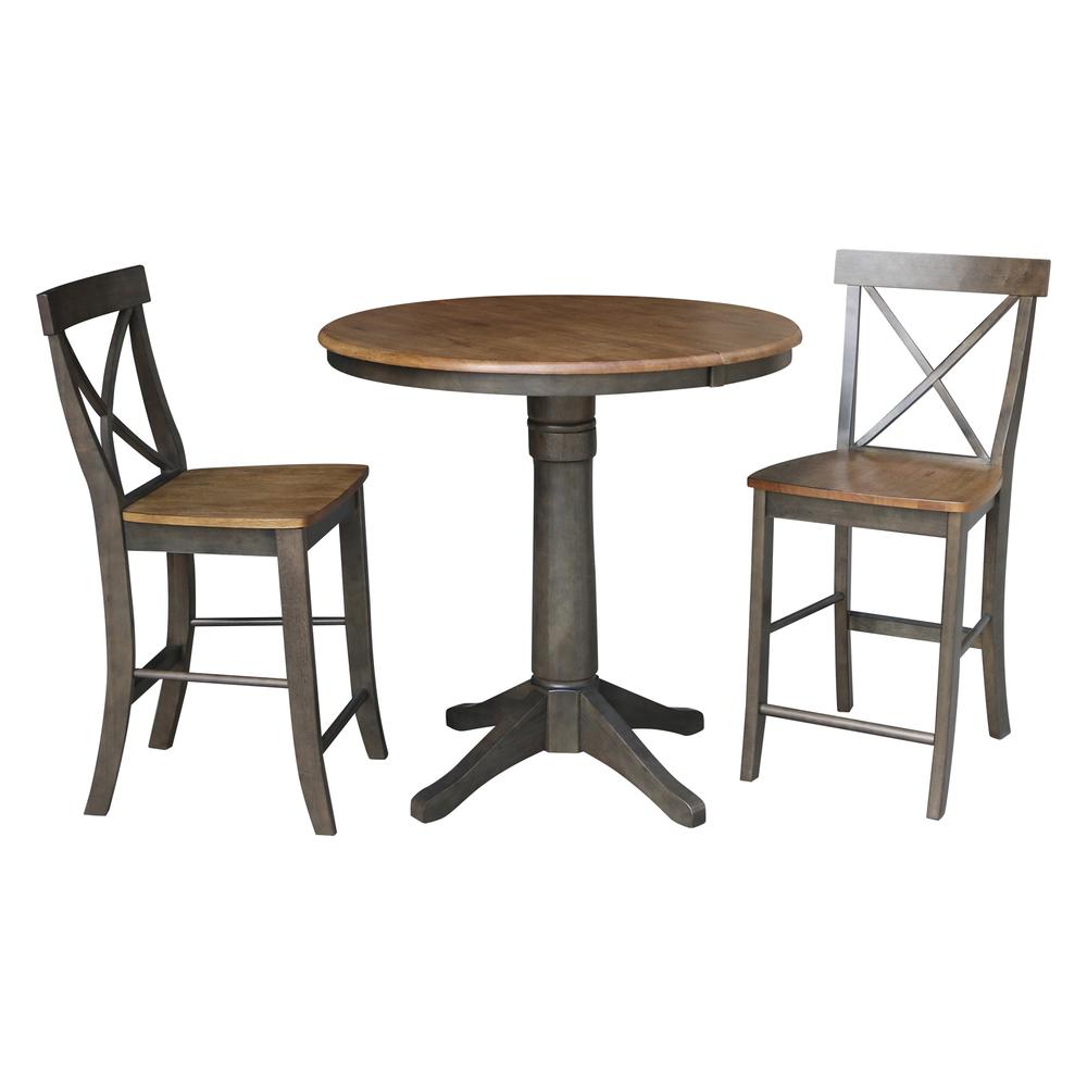 Set of 3 pcs - 36" Round Extension Dining table with 2 x-back counterheight stools. Picture 1
