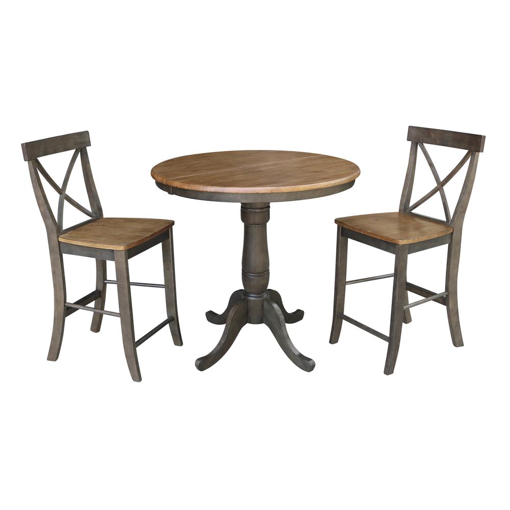 Set of 3 pcs - 36" Round Extension Dining table with 2 rta counterheight stools. Picture 1
