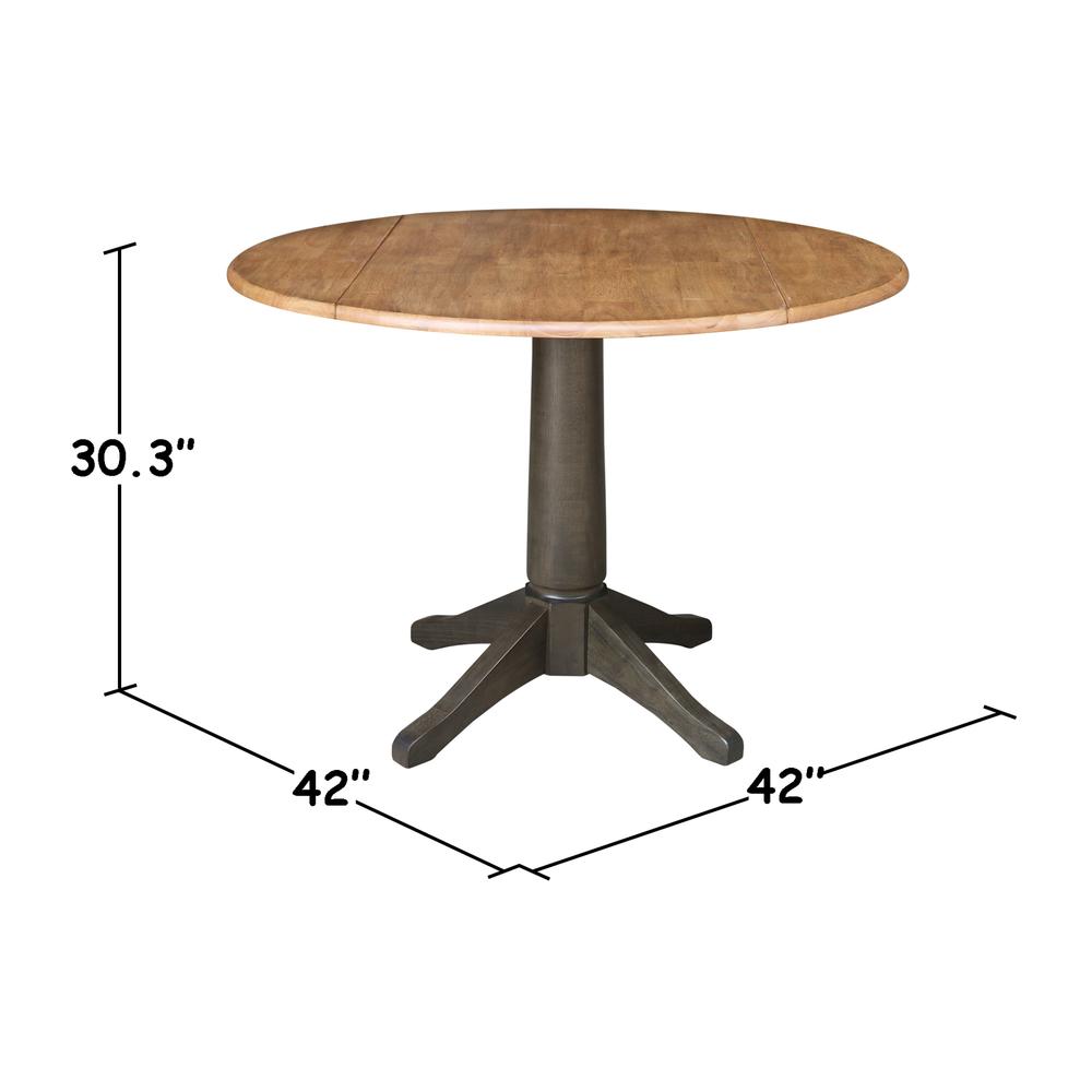 42 in. Round Top Dual Drop Leaf Pedestal Dining Table in Hickory/Washed Coal. Picture 8
