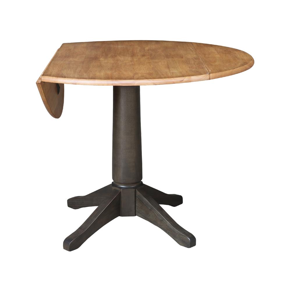 42 in. Round Top Dual Drop Leaf Pedestal Dining Table in Hickory/Washed Coal. Picture 3