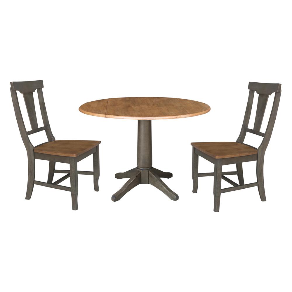 42 in. Round Dual Drop Leaf Dining Table with 2 Panel Back Chairs. Picture 1