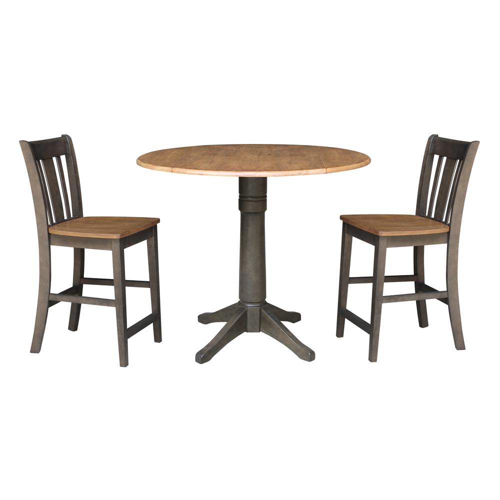 42 in. Round Dual Drop Leaf Counter Height Dining Table with 2 Splatback Stools. Picture 1