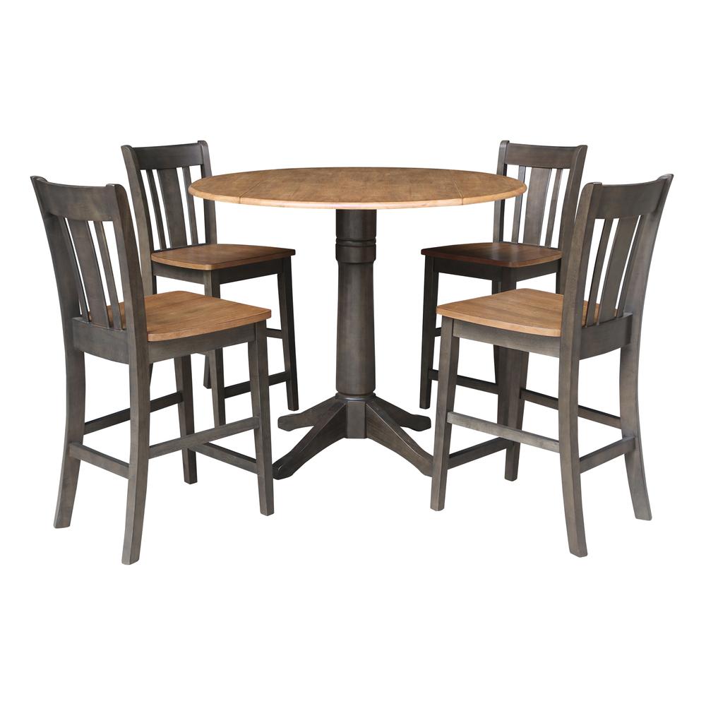 42 in. Round Dual Drop Leaf Counter Height Dining Table with 4 Splatback Stools. Picture 1