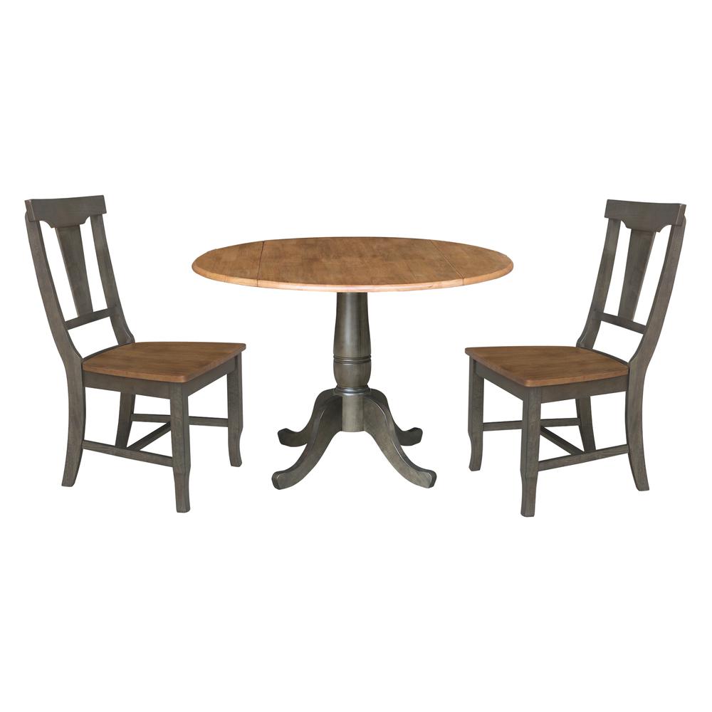 42 in. Dual Drop Dining Table with 2 Panel Back Chairs in Hickory/Washed Coal. Picture 1