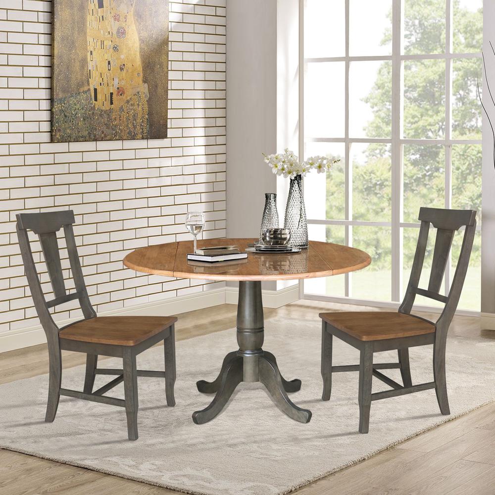 42 in. Dual Drop Dining Table with 2 Panel Back Chairs in Hickory/Washed Coal. Picture 2