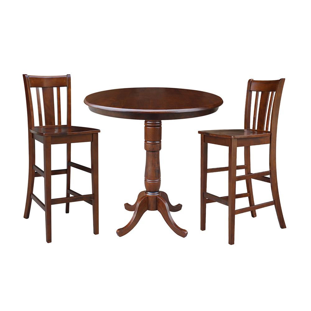 36" Round Pedestal Bar Height Table With 2 San Remo Bar Height Stools, Espresso. Picture 1