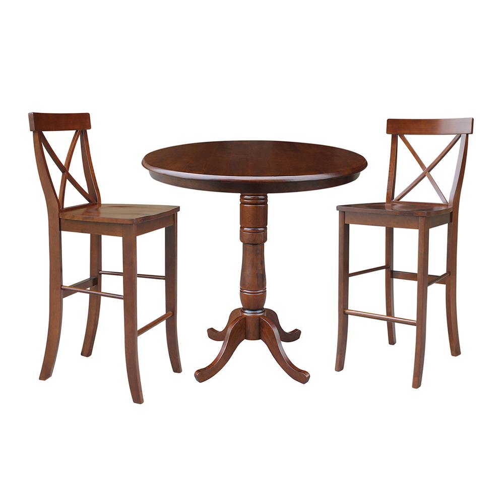 36" Round Pedestal Bar Height Table With 2 X-Back Bar Height Stools, Espresso. Picture 1