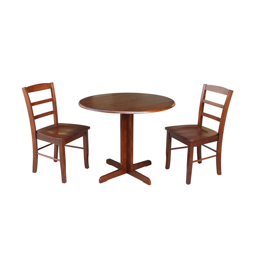 36" Dual Drop Leaf Table With 2 Ladder Back Chairs, Espresso. Picture 3