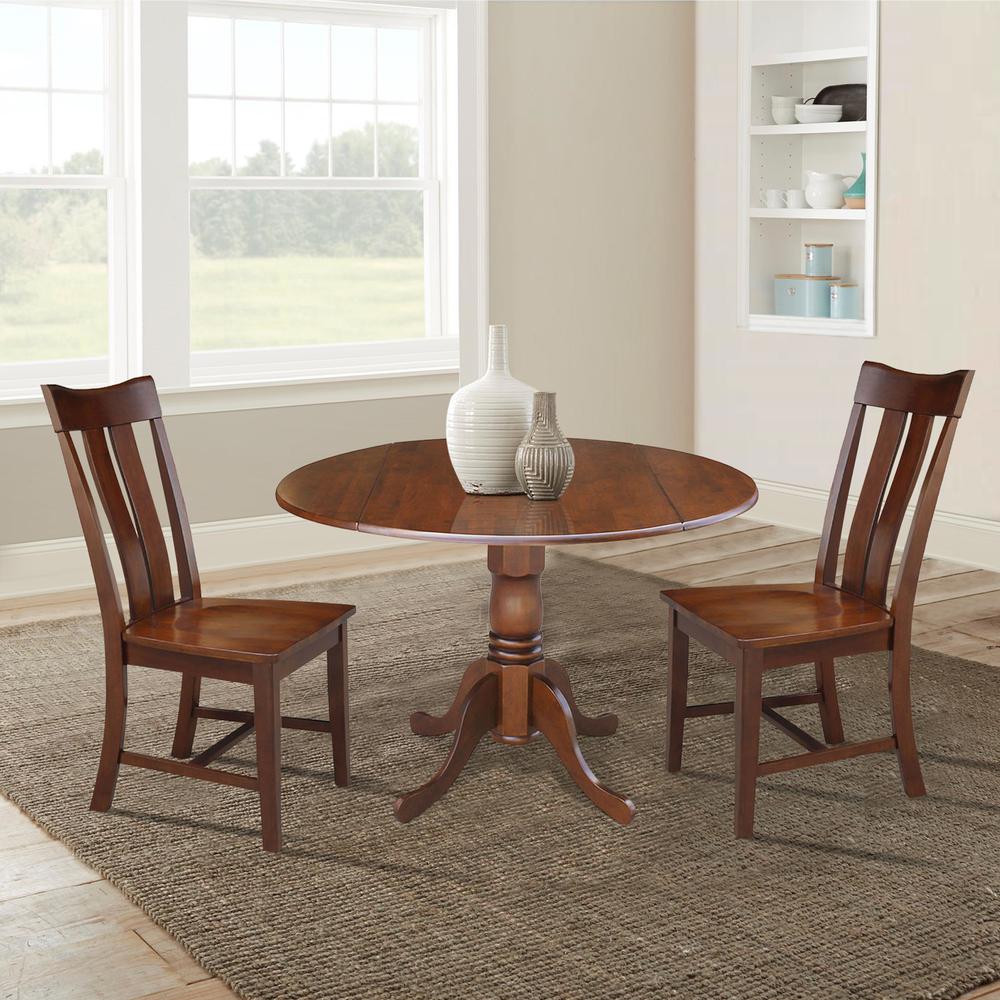 42 in. Dual Drop Leaf Table with 2 Splat Back Dining Chairs - 3 Piece Dining Set in Espresso. Picture 2