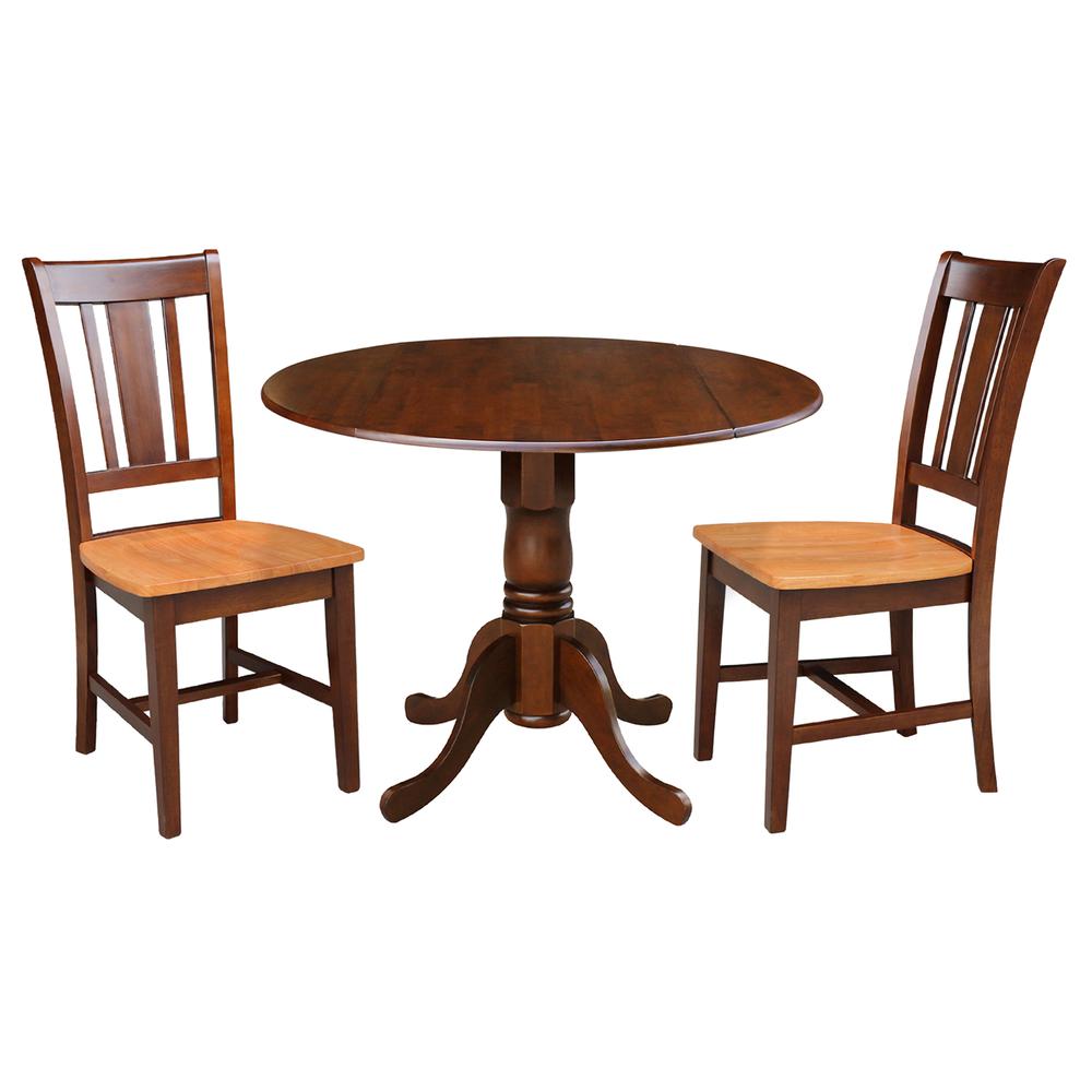 42 in Dual Drop Leaf Dining Table with 2 Slat Back Dining Chairs. Picture 1