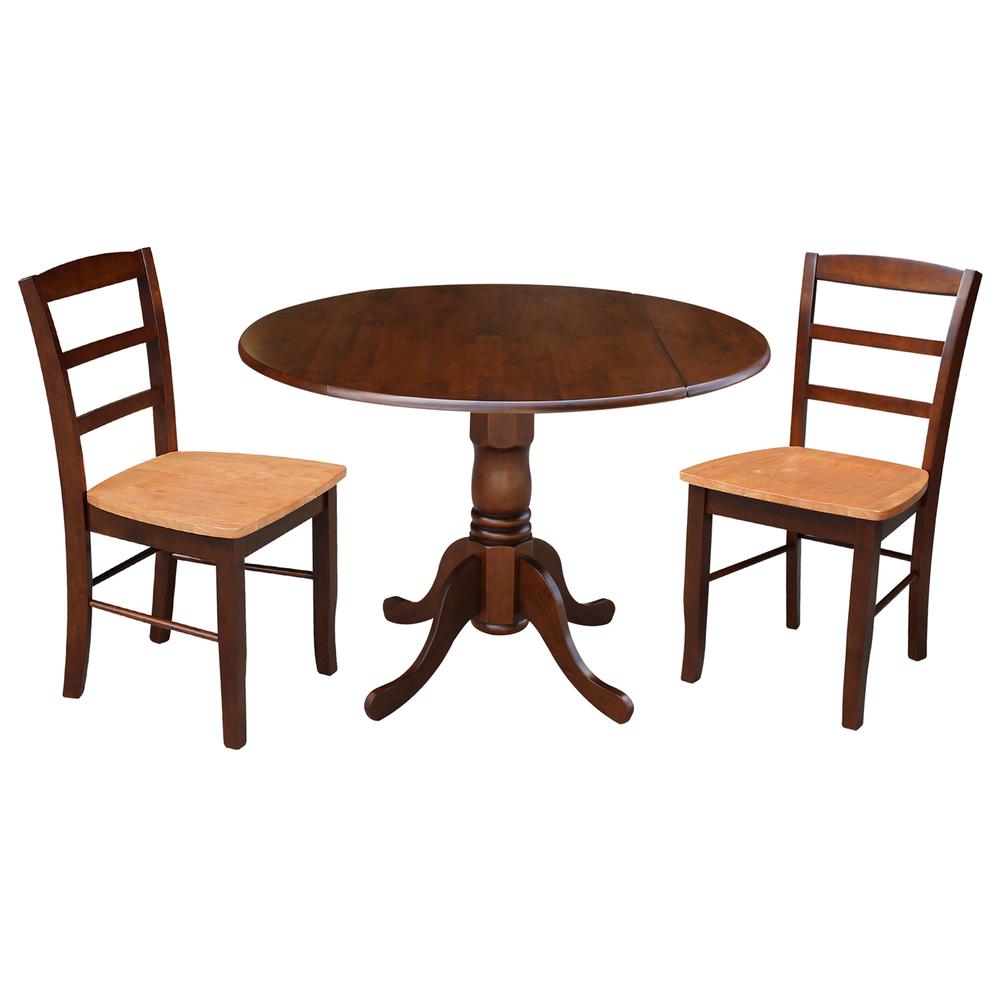 42 in Dual Drop Leaf Dining Table with 2 Ladder Back Dining Chairs. Picture 1