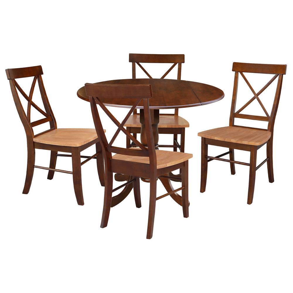 42 in Dual Drop Leaf Dining Table with 4 Cross Back Dining Chairs. Picture 1