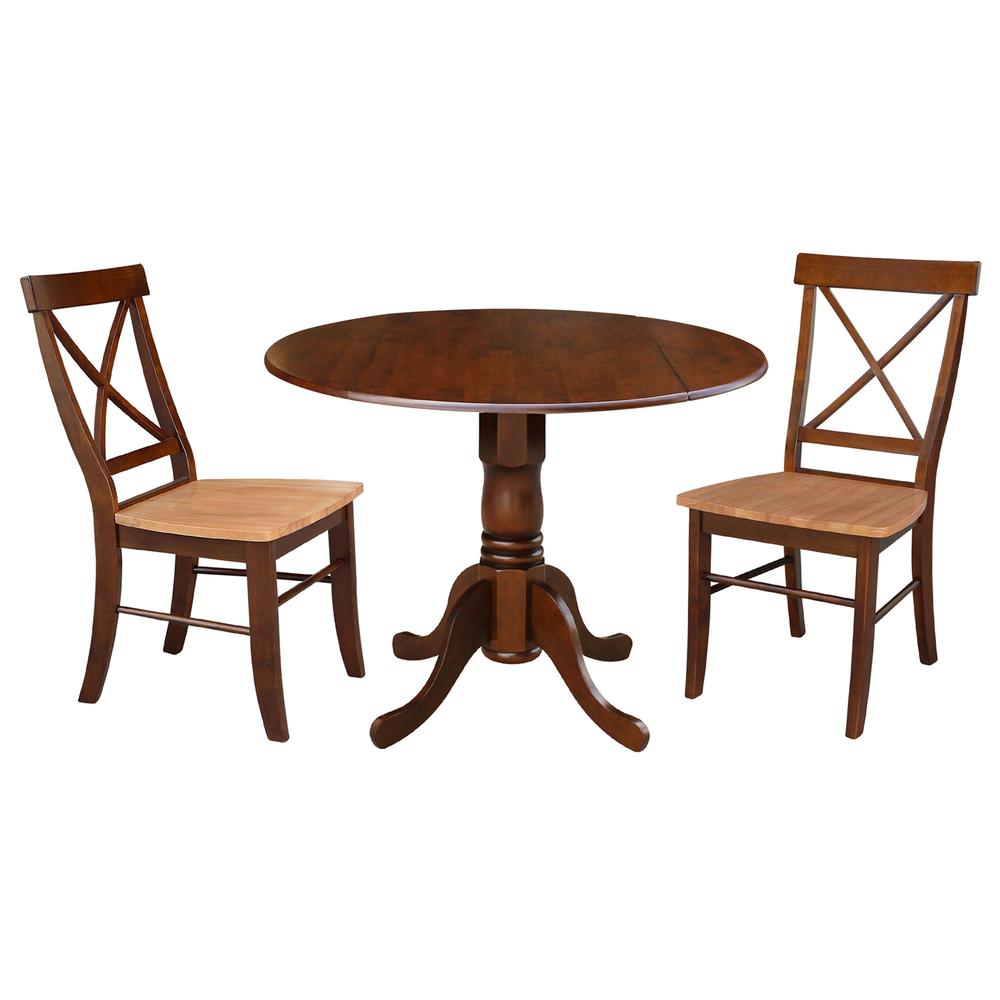 42 in Dual Drop Leaf Dining Table with 2 Cross Back Dining Chairs. Picture 1