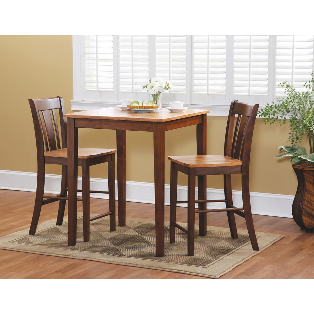 30X30 Counter Height Dining Table With 2 San Remo Counter Height Stools, 24" seat height, Cinnamon/Espresso. Picture 1