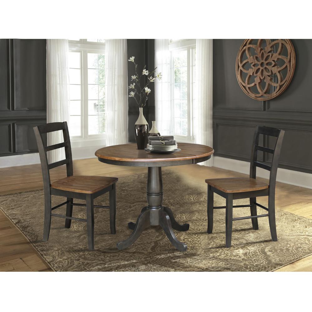 36" Round Extension Dining Table with Leaf and 2 Madrid Ladderback Chairs - 3 Piece Dining Set, Hickory/Washed coal. Picture 1