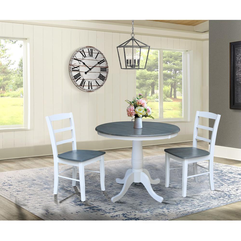 36" Round Extension Dining Table with 2 Madrid Ladderback Chairs - 3 Piece Dining Set, White/Heather Gray. Picture 1