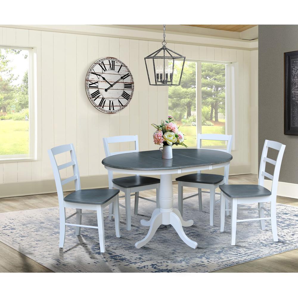36" Round Extension Dining Table with 4 Madrid Ladderback Chairs - 5 Piece Dining Set, White/Heather Gray. Picture 1