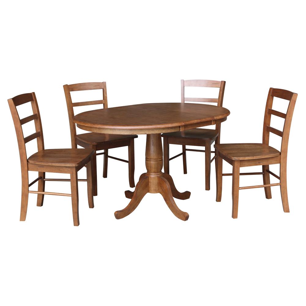 36" Round Extension Dining Table with Leaf and 4 Madrid Ladderback Chairs - Five Piece Dining Set, Distressed Oak. Picture 2