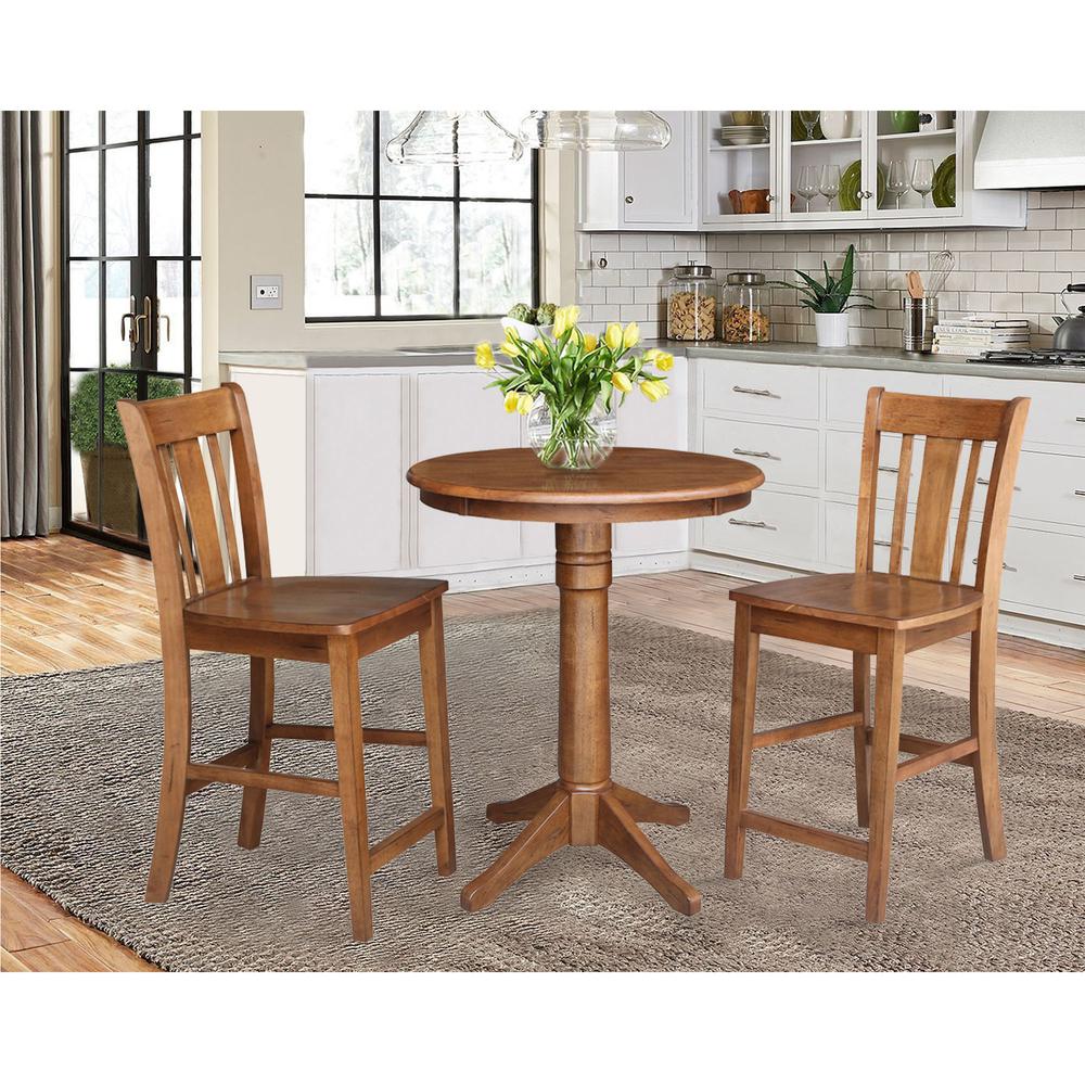 30" Round Pedestal Gathering Height Table with 2 San Remo Counter Height Stools. Picture 1
