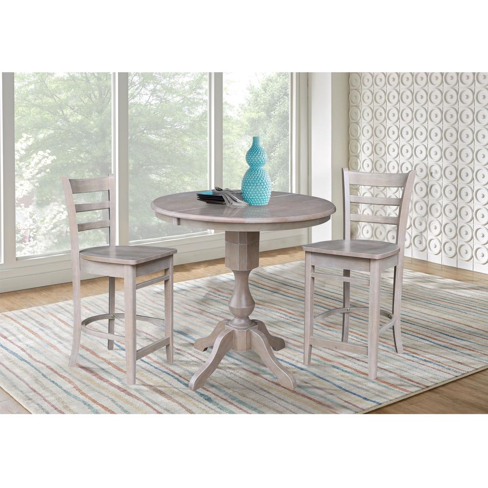 36" Round Extension Dining Table with 2 Emily Counter Height Stools - Three Piece Set, Washed Gray Taupe. Picture 1