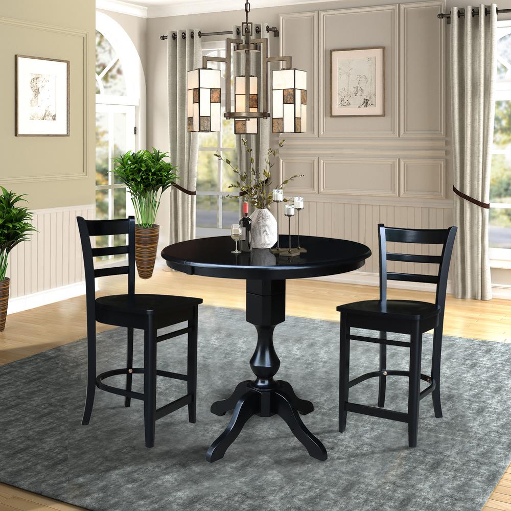 36" - Round Counter Height Extension Dining Table with 12" Leaf and 2 Emily Counter Height Stools - 3 Piece Set, Black. Picture 1