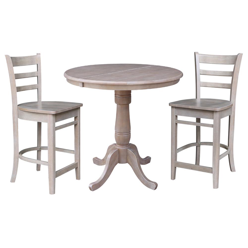 36" Round Extension Dining Table with 2 Madrid Counter Height Stools - 3 Piece Set, Washed Gray Taupe. Picture 2