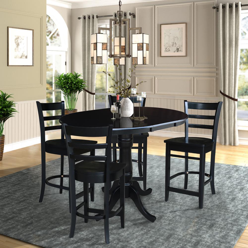 36", Round Counter Height Extension Dining Table with 12" Leaf and 4 Emily Counter Height Stools - 5 Piece Set, Black. Picture 1
