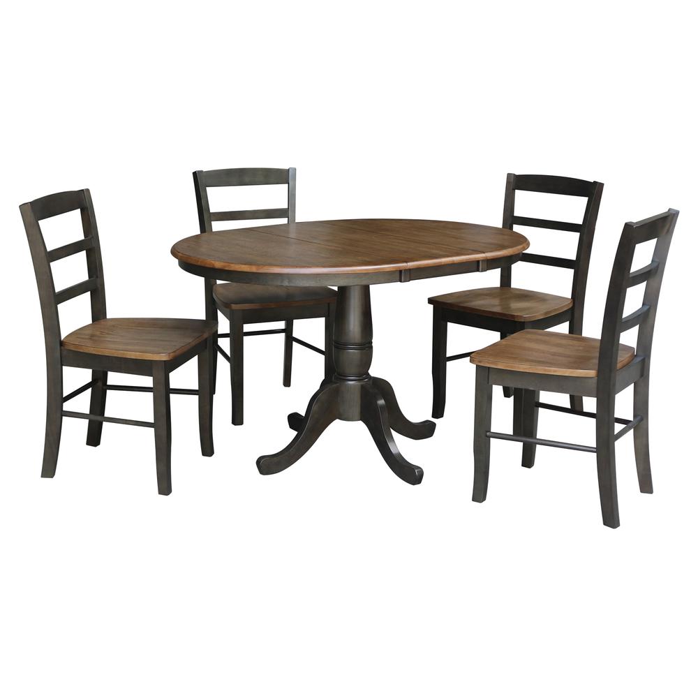 36" Round Extension Dining Table with Leaf and 4 Madrid Ladderback Chairs - 5 Piece Dining Set, Hickory/Washed coal. Picture 2