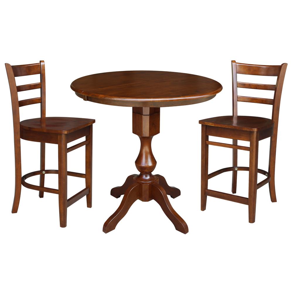 36" Round Extension Dining Table with 2 Emily Counter Height Stools - 3 Piece Set , Espresso. Picture 2