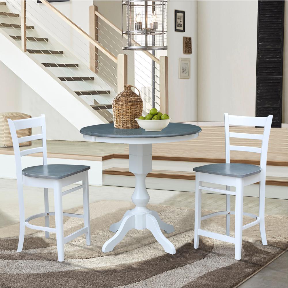 36" Round Extension Dining table with 2 Emily Counter Height Stools - 3 Piece Dining Set, White/Heather Gray. Picture 1