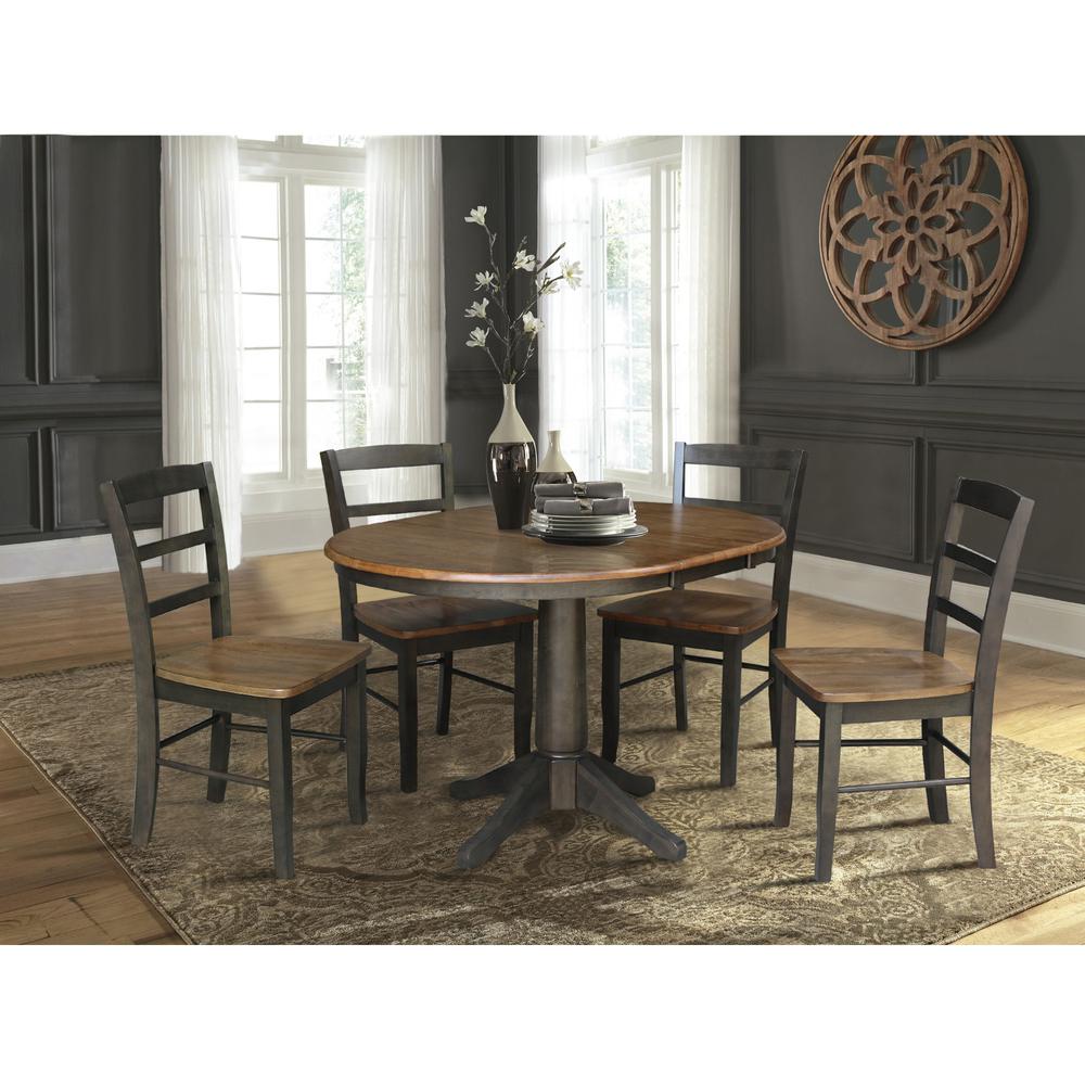36" Round Extension Dining Table with Leaf and 4 Madrid Ladderback Chairs - Five Piece Dining Set, Hickory/Washed coal. Picture 2
