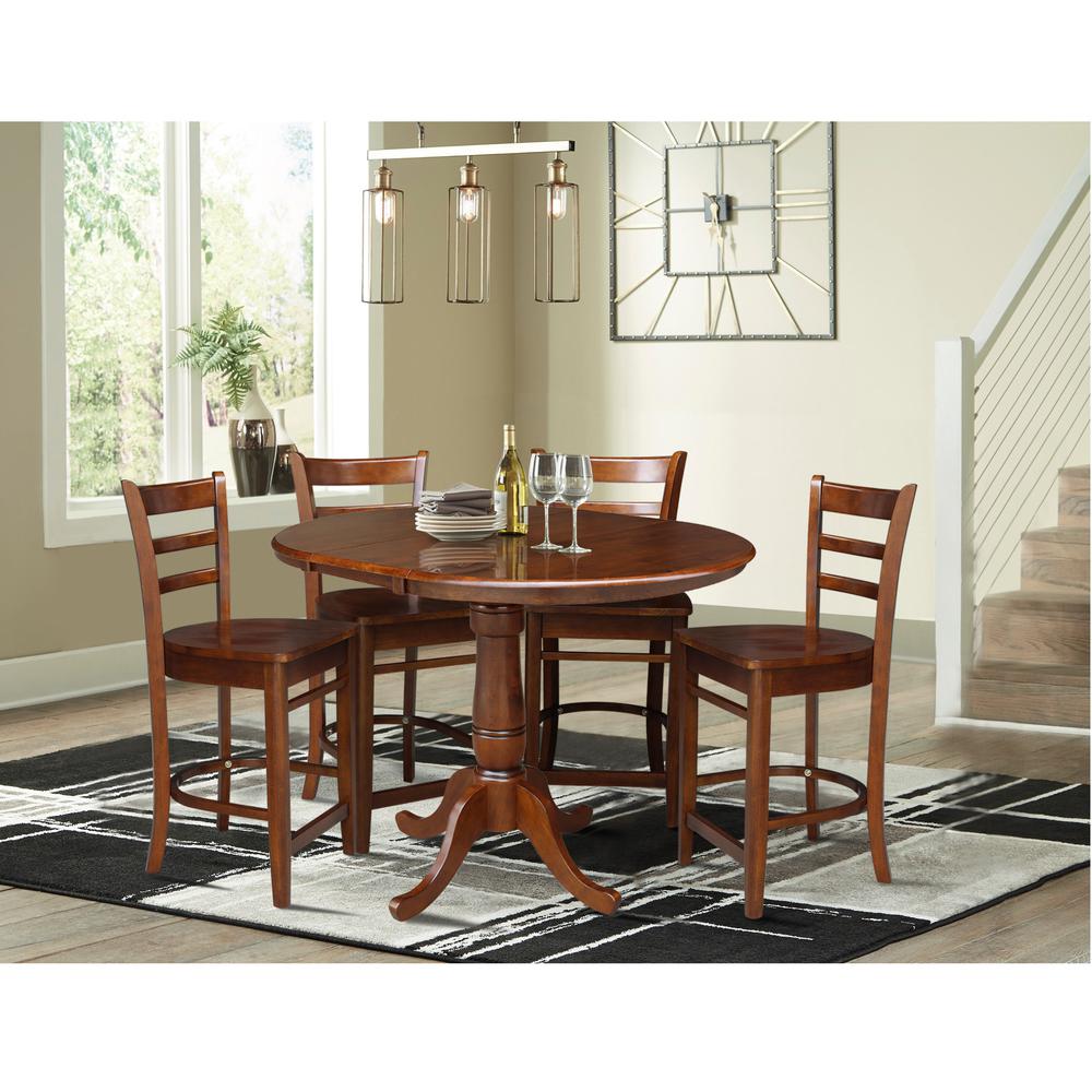 36" Round Extension Dining Table with 4 Emily Counter Height Stools - Five Piece Set, Espresso. Picture 1