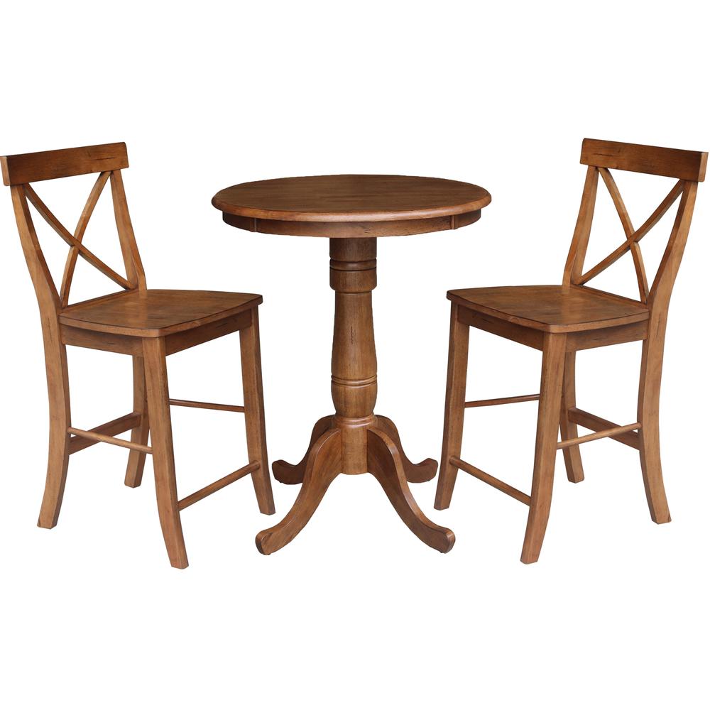 30" Round Pedestal Gathering Height Table with 2 X-Back Counter Height Stools. Picture 1