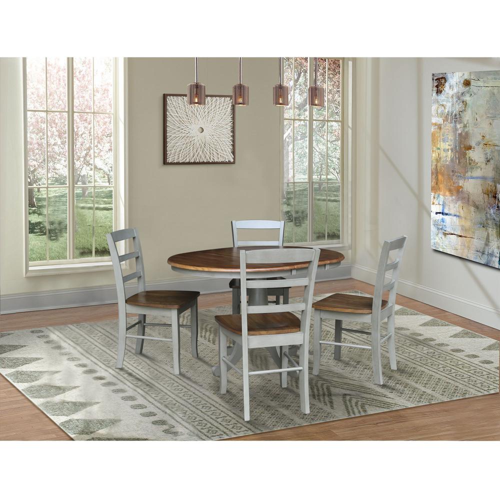 36" Round Extension Dining Table with 4 Madrid Ladderback Chairs - 5 Piece Dining Set, Distressed Hickory/Stone. Picture 1