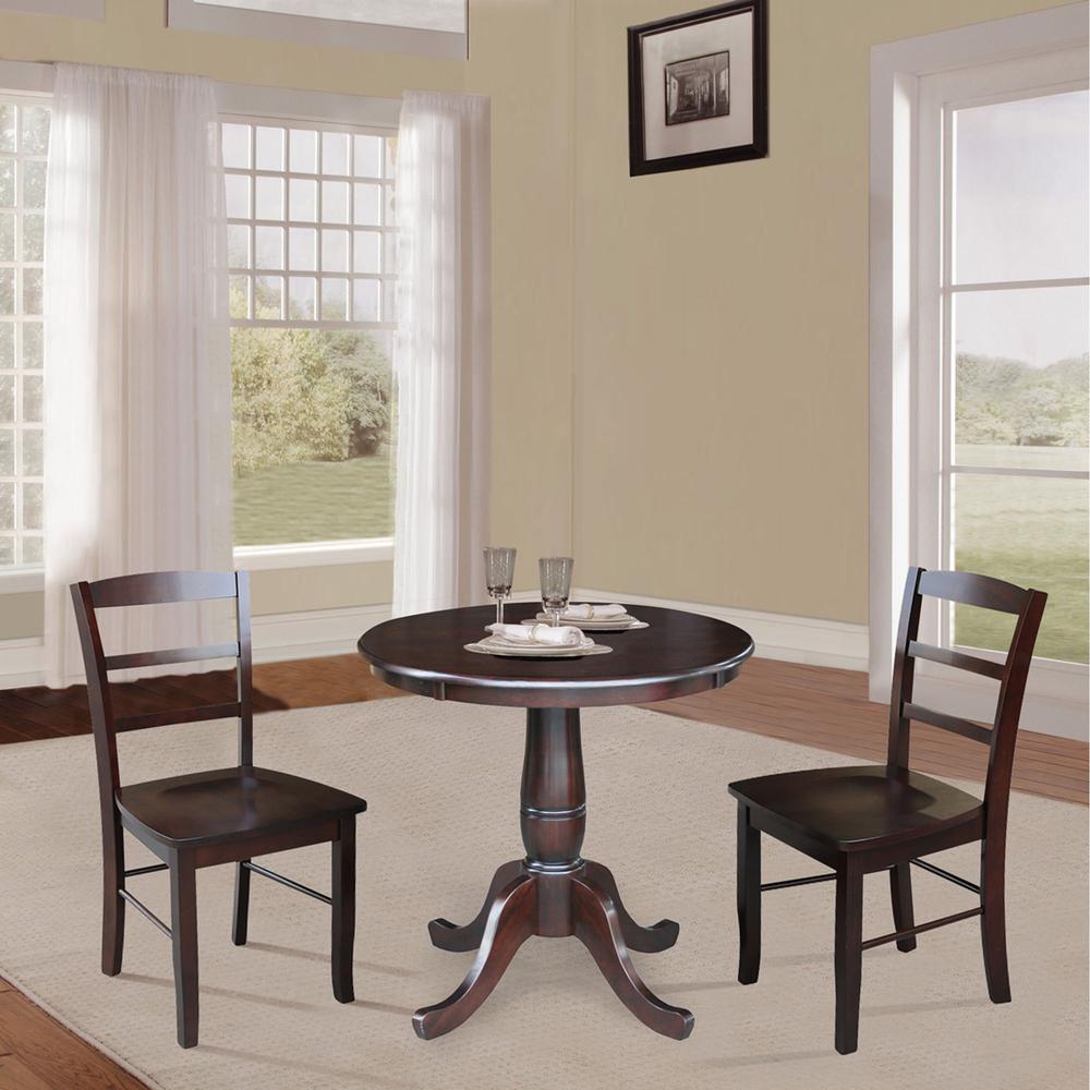 30" Round Top Pedestal Dining Table with 2 Madrid Ladderback Chairs. Picture 1