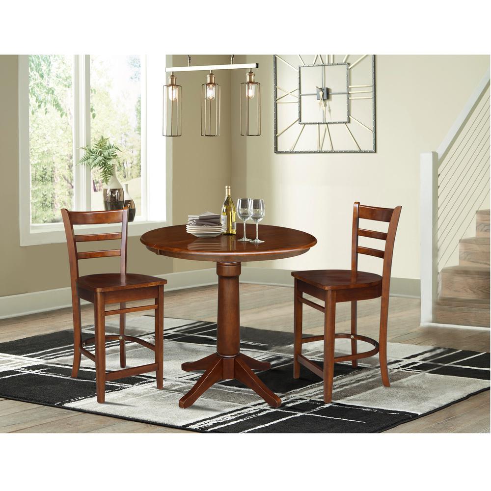 36" Round Extension Dining Table with 2 Emily Counter Height Stools - 3 Piece Set, Espresso. Picture 1