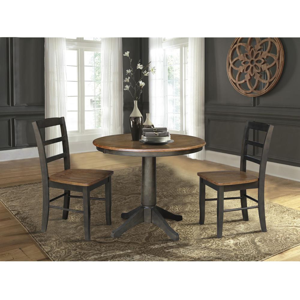 36" Round Extension Dining Table with Leaf and 2 Madrid Ladderback Chairs - 3 Piece Dining Set, Hickory-Washed coal. Picture 1