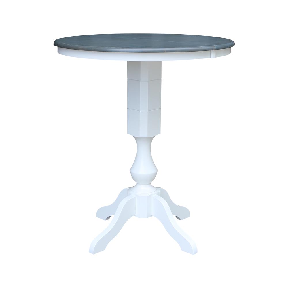 36" Round Top Pedestal Bar Height Dining Table with 12" Leaf, White/Heather Gray. Picture 1