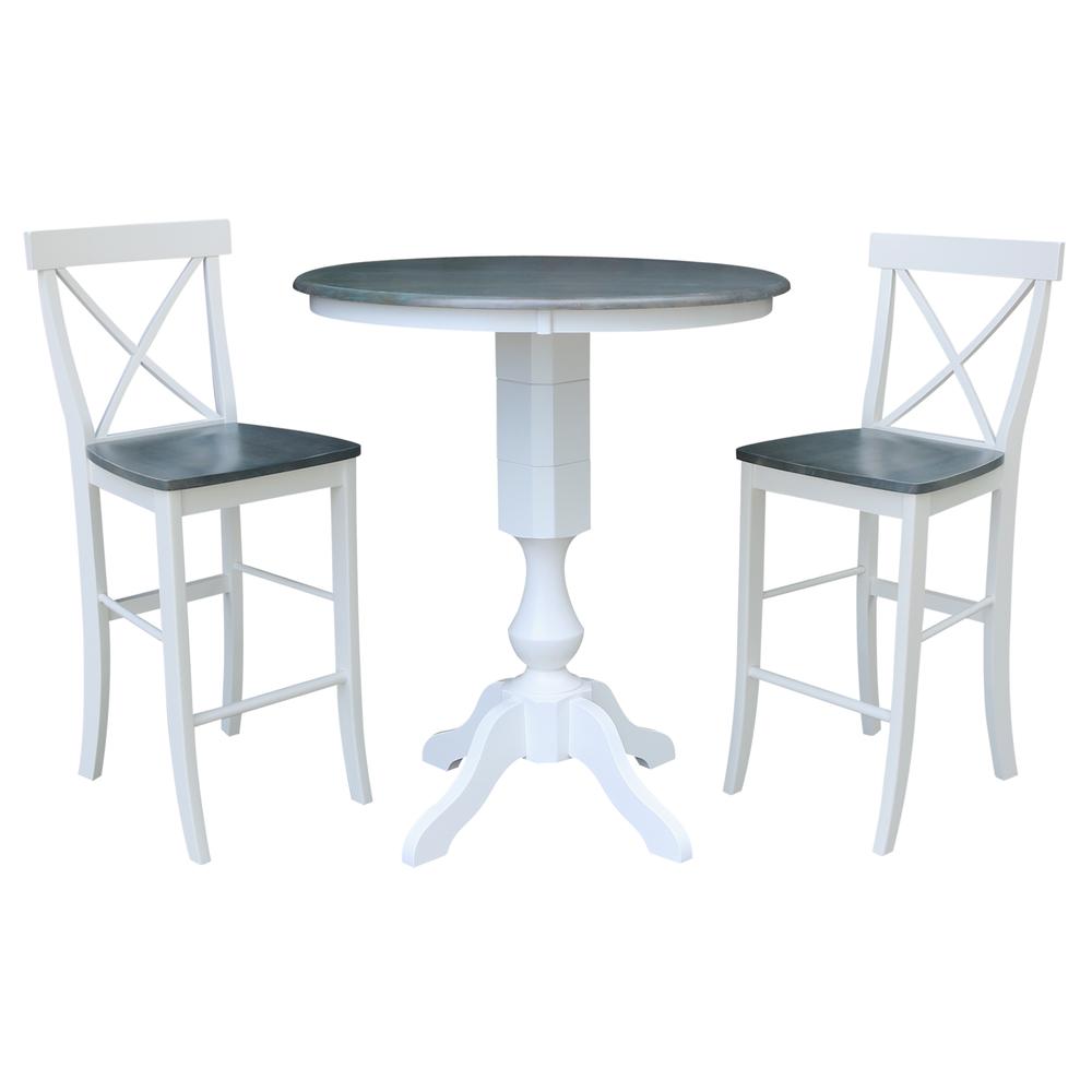 36" Round Pedestal Bar Height Table with 2 X-Back Bar Height Stools. Picture 1