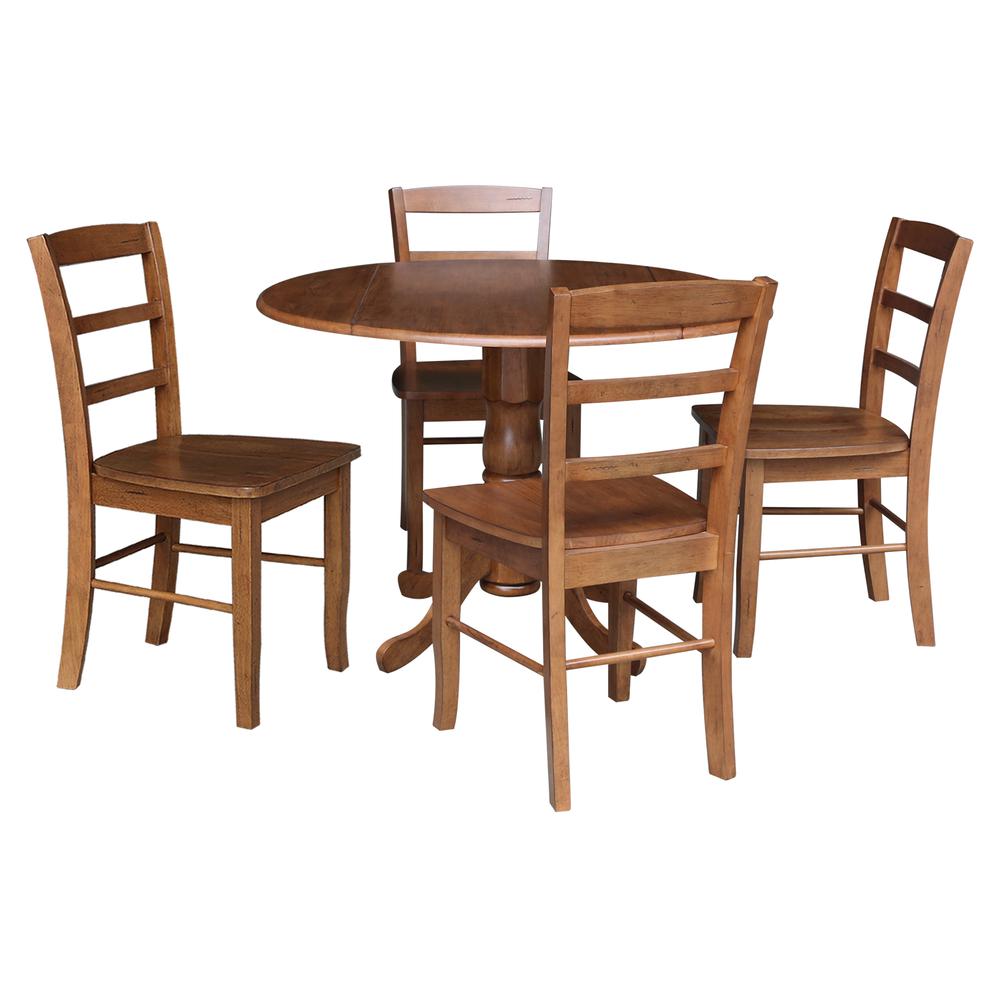 42" Dual Drop Leaf Pedestal Dining Table with 4 Madrid Ladderback Chairs. Picture 2